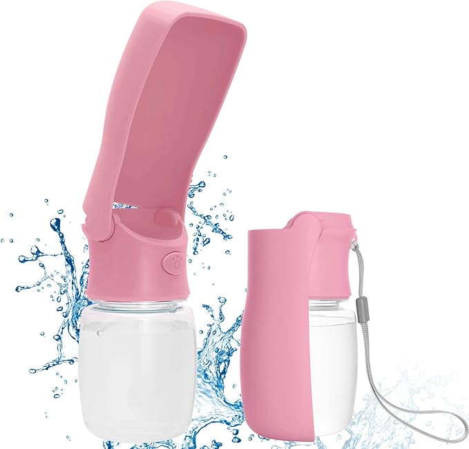 Foldable Dog Water Bottle, 2in1 Portable Leak Proof Puppy Drinking Bottle Dispenser for Puppy Small Medium Large Dogs, Dishwasher Safe Pet Accessories for Outdoor Traveling (Pink,12oz)