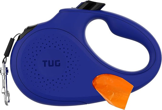TUG Oval 360° Tangle-Free Retractable Dog Leash with Integrated Waste Bag Dispenser (Large, Blue)