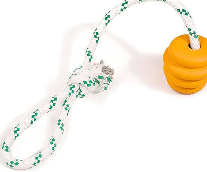 Green Sheep Natural Rubber Ball Rope Toy for Dogs, Interactive Dog Ball with Recycle Cotton Rope, Tug of War Dog Toy for Small to Large Dogs, Tough Rope Dog Toys for Outdoor Play, Yellow