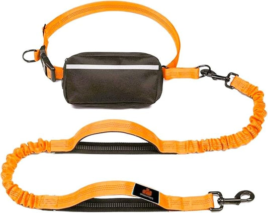 Hands Free Dog Leash with Waist Zipper Pouch, Dual Padded Handles and Dual Bungee Shockabsorbing Leash with Safety Reflective Strip for Walking, Jogging and Running Your Dog (Orange)