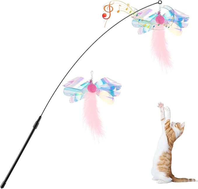 Pawaboo Feather Teaser Cat Toy, Interactive Feather Wand Cats Toy Flying Feathers Cat Catcher with Extra Long 34.5" Wand and Small Bell, Exerciser Playing Toys for Kitten or Cats, Pink Butterfly