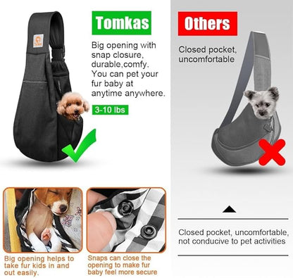 Tomkas Small Dog Cat Sling Carrier Puppy Purse Travel Wrap Soft Crossbody Pet Bag (Black, M - Zip Pocket & Adjust Strap)