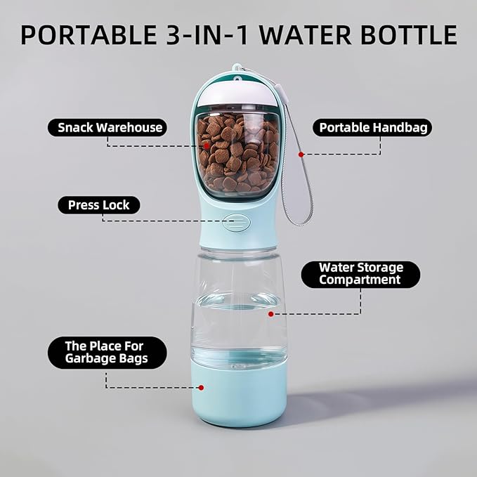 3-in-1 Dog Water Bottle Portable Leak Proof Pet Water Dispenser with Built-in Snack Storage & Waste Bag Holder 14oz for Outdoor Walking, Hiking Travel Blue