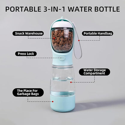 3-in-1 Dog Water Bottle Portable Leak Proof Pet Water Dispenser with Built-in Snack Storage & Waste Bag Holder 14oz for Outdoor Walking, Hiking Travel Blue