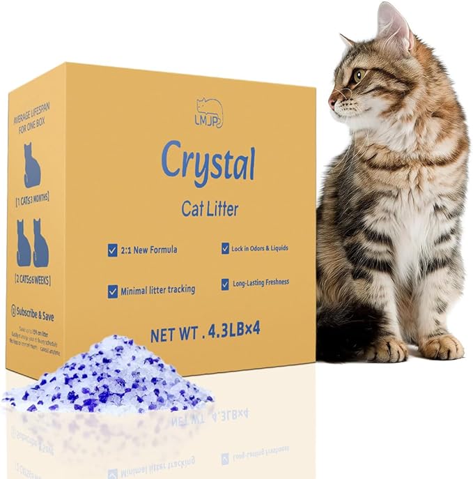 Crystal Cat Litter with Powerful Odor Control, Non-Clumping, Lasts Up to 4 Months, 17.2lb, Rapid Water Absorption, Unscented & Low Tracking Lightweight Blue & White Silica, 4 Pack of 4.3lb