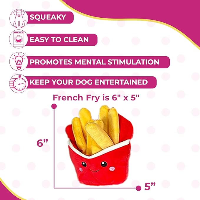 Glow Pups Dog Toy French Fries, Squeaky Plush Food Parody Toy, Easy to Clean, Promotes Mental Stimulation, Keeps Dog Entertained, 6" x 5", Red Plush Toy