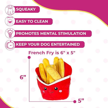 Glow Pups Dog Toy French Fries, Squeaky Plush Food Parody Toy, Easy to Clean, Promotes Mental Stimulation, Keeps Dog Entertained, 6" x 5", Red Plush Toy