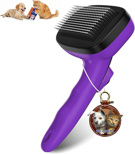 Dog Brush for Shedding, Self Cleaning Slicker Brush Ideal for Short Long Haired Dogs & Cats. Removes Loose Fur, Undercoat, Mats, Tangled Hair. Suit for Large Medium Small Animal, Purple