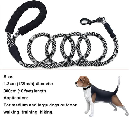 MayPaw Heavy Duty Rope Dog Leash, 3/4/5/6/7/8/10/12/15 FT Nylon Pet Leash, Soft Padded Handle Thick Lead Leashes for Large Medium Dogs (Black, 1/2" * 10')