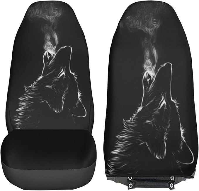 Foruidea Black 3D Wolf Car Seat Covers Universal 2 Pcs Auto Front Seat Cover Fit Most Cars,SUV,Sedan,Trucks
