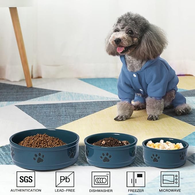 Sweejar Ceramic Dog Bowls with Paw Pattern, Dog Food Dish for Medium Dogs, Porcelain Pet Bowl for Water 35 Fl Oz (Fog Blue)