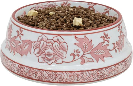 Aimusego Pink & White Ceramic Dog Bowl,Gifts for Pet Owners,Chinoiserie Floral Heavy Duty Non-Slip Dog Food Water Bowls, Ceramic Dish for Medium and Small Dogs and Cats, Puppy 9inch