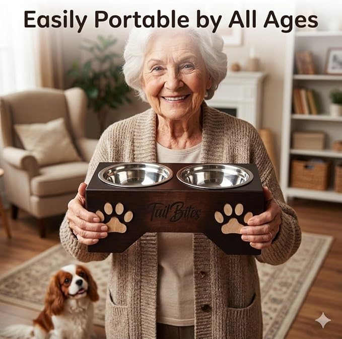 Raised Dog Bowls for Medium & Large Dogs – Wooden Elevated Dog Feeder Stand with 2 Stainless Steel Bowls + Chew Treat (14” x 7” x 6”)