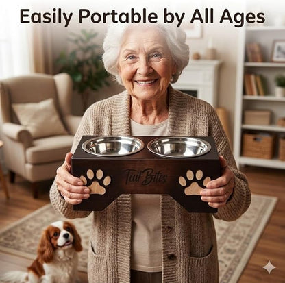 Raised Dog Bowls for Medium & Large Dogs – Wooden Elevated Dog Feeder Stand with 2 Stainless Steel Bowls + Chew Treat (14” x 7” x 6”)