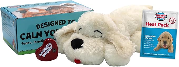 Snuggle Puppy Heartbeat Dog Toy for Puppies, Real-Feel Heartbeat, Calming Sleep Aid and Crate Training Comfort Toy with Heat Pack, Cream Plush Design