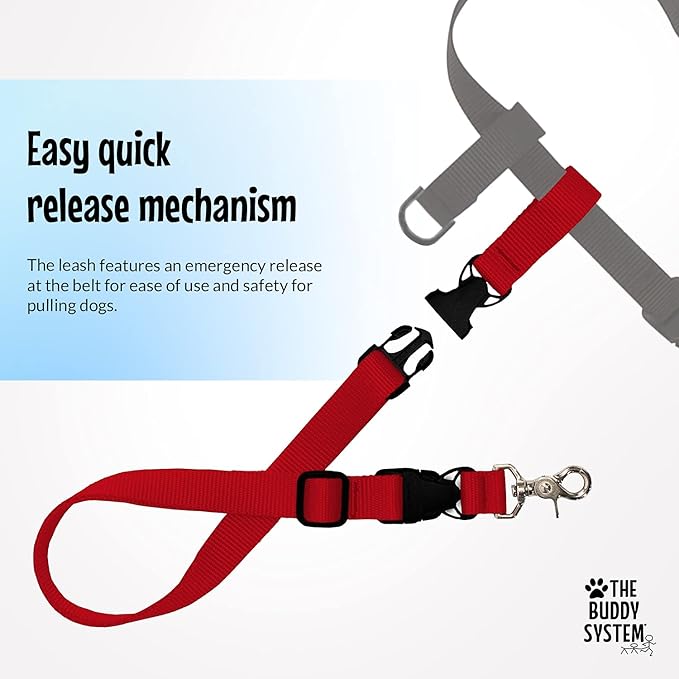 The Buddy System Hands Free Dog Leash, Adjustable Leash for Running, Jogging, Training and Service Dogs, Great for Small, Medium and Large Dogs, Made in USA (Red, Large Belt (27"- 50" Waist))