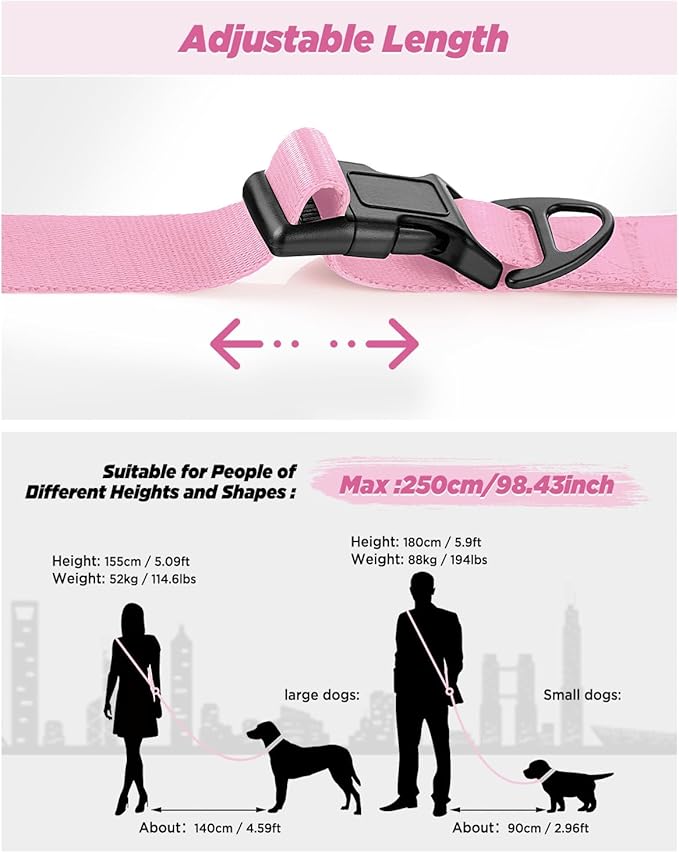 Hands Free Dog Leash, 8.2ft Multifunctional Crossbody Rope with Explosion-Proof Handle and Adjustable Training Hands Free Leash for Medium/Large Dogs Walking,Light Pink