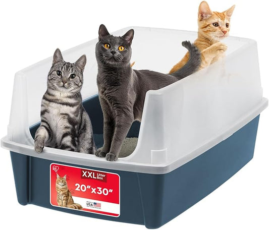 IRIS USA XX-Large Open Top Cat Litter Box with High Sided Walls Tall Scatter Shield Scoop Included Easy Clean Plastic Pan for Big Cats Kittens Multi-Cat Households 30"L x 20"W x 14"H Navy