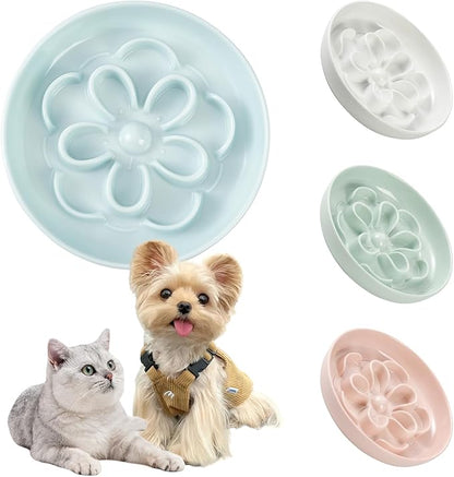 Melamine Cat Slow Feeder Bowl - Floral Maze Cat Food Dish - Flat Plate for Dry & Wet Food - Cute Kitten Bowl - Dishwasher Safe - 6.3'' W x 1'' H - 5.5 oz (160g) - Blue