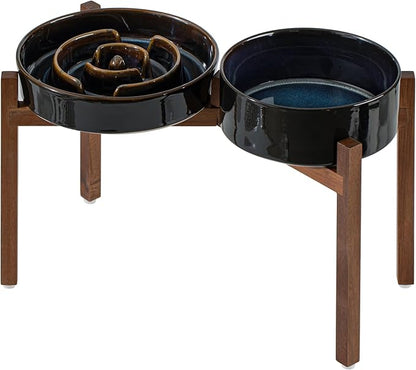 Ceramic 3.2 Cup Raised Slow Feeder Dog Bowl Set, Elevated 8.2inch Bowl and 9.5inch Dish with Acacia Wood Stand for Large Dog, Stop Bloat(2 x Starry Sky+ Stand)