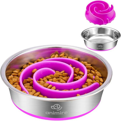 2-in-1 Metal Dog Bowl with Slow Feeder Insert, Stainless Steel Dog Bowls Food Grade 304, Water Food Bowl with Anti-Slip Silicone Base for Small, Medium, Large Dogs