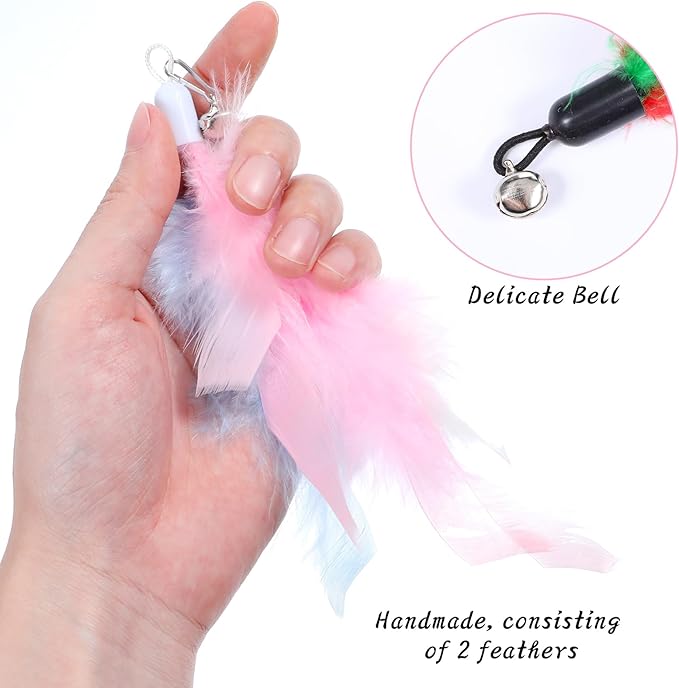 12Pcs Cat Feather Toys Refills, Feather Cat Wand Toys Attachment with Bells, Interactive Teaser Feathers Replacement for Bored Indoor Adult Cats Kitten Exercise and Play