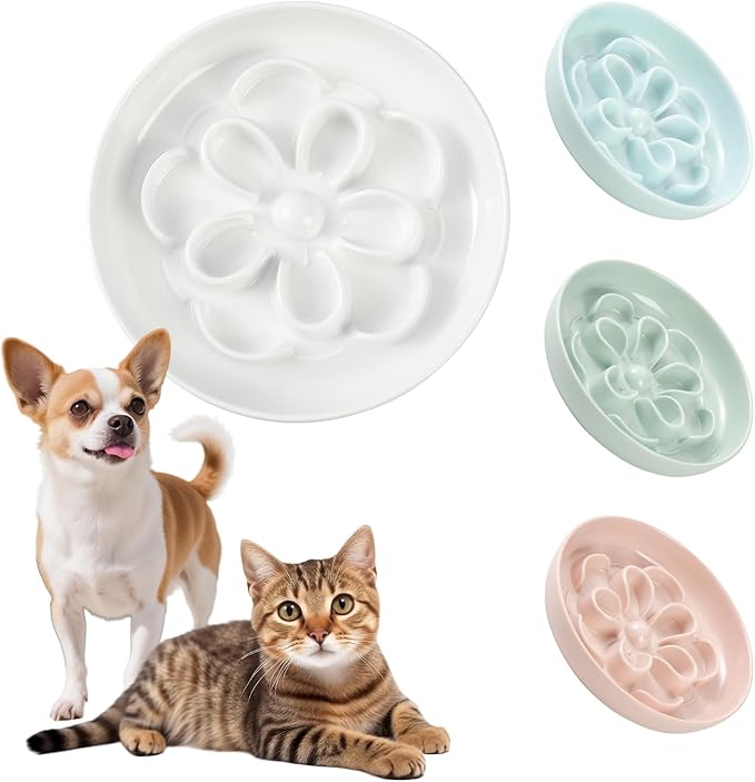 Melamine Cat Slow Feeder Bowl - Floral Maze Cat Food Dish - Flat Plate for Dry & Wet Food - Cute Kitten Bowl - Dishwasher Safe - 6.3'' W x 1'' H - 5.5 oz (160g) - White