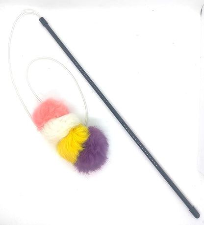 Kats'N Us Rabbit Fur Pom Pom Cat Teaser Wand - Light Pink, White, Yellow, Purple