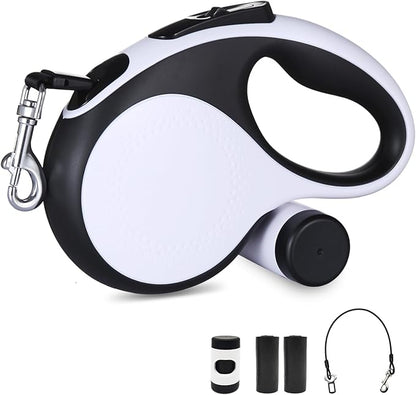 26Ft Retractable Dog Leash with Chew Proof Cable,Heavy Duty Dog Leash with Removable Poop Bags for Medium Large Dogs up to 110lbs,Strong Nylon Tape No Tangle,One-Handed Brake (White)