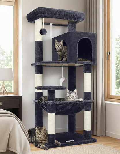 Globlazer Cat Tree Tower with Scratching Post for Indoor Cats, 53inch Tall Plush Multi-Level Cat Climbing Tower Condo House with Large Hammock, Spacious Cat Condo, Big Padded Top Perch, F53, Dark Gray