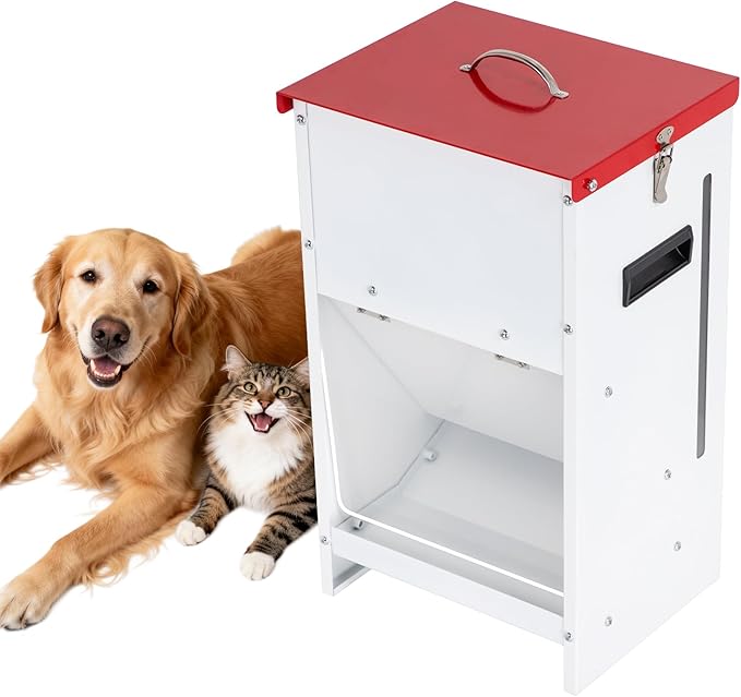 Metal Automatic Dog Feeder - 50LBS Capacity Automatic Gravity Dispenser, Powder Coated & Waterproof for Indoor & Outdoor Use, 16.1" L x 12.2" W x 27.8" H, Red and White