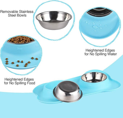 Dog Bowls 2 Stainless Steel Bowl for Pet Water and Food Feeder with Non Spill Skid Resistant Silicone Mat for Pets Puppy Small Medium Cats Dogs