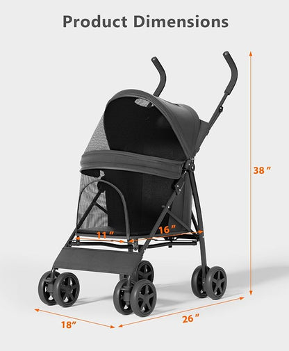 Pet Stroller with 4 Wheels for Small/Medium Pets, Portable Travel Foldable Carrier Jogger for Dog Cat Puppy Kitty, Rear Wheel Breaks, Storage Basket, Visible Mesh with Weather Cover (Black)