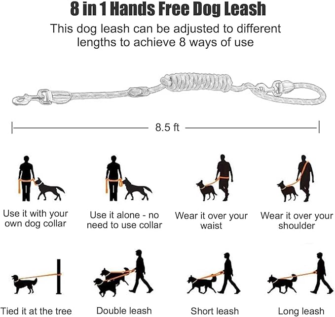 Hands Free Dog Leash(8.5ft), 8 in 1 Multifunction Nylon Double Leash for Dogs,1.2cm Dog Training Leash with Reflective Stitching, Adjustable Waist Dog Leash Fits all Waist for Medium Large Dogs-Orange