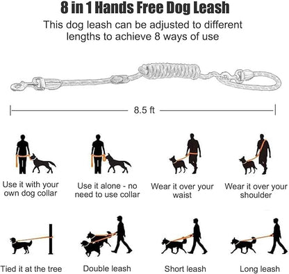 Hands Free Dog Leash(8.5ft), 8 in 1 Multifunction Nylon Double Leash for Dogs,1.2cm Dog Training Leash with Reflective Stitching, Adjustable Waist Dog Leash Fits all Waist for Medium Large Dogs-Orange
