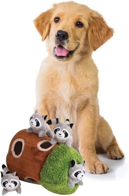 Glow Pups Hide and Seek Dog Toy, Interactive Plush Raccoon in Tree Burrow, Squeaky Woodland Style Dog Toys for Small Dogs, Mental Stimulation, Medium Size Tree with 4 Raccoon