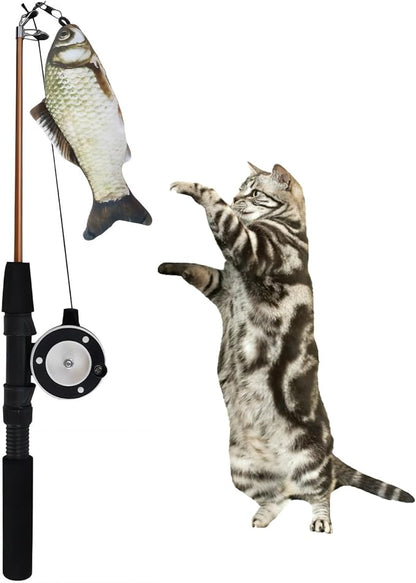 Retractable teaser cat stick, extra long fish & feather decorative cat fishing pole shape teaser cat stick, cat feather interactive toys, toys are replaceable, adjustable line length. (Grass carp)