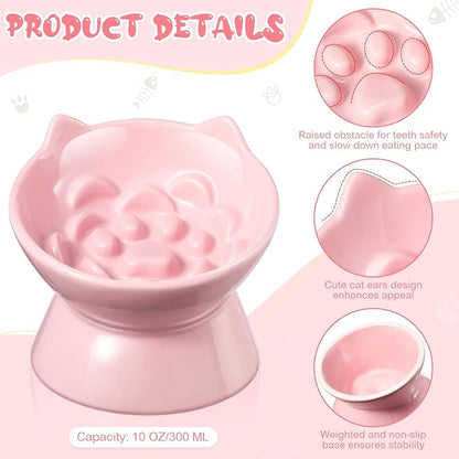 2 Pcs Ceramic Raised Slow Feeder Cat Bowl, 5.91inch Elevated Cat Slow Feeder Bowl Tilted Anti Vomiting for Dry Wet Food and Water Easy to Clean High Edge(Pink, Blue)