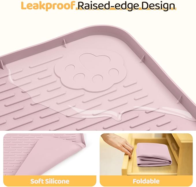 Dog Food Mat, Extra Large 34" x 22" Silicone Pet Feeding Mat with Raised Edge Pet Placemat for Small, Medium, and Large Pets Non-Slip, Easy to Clean (Pink)