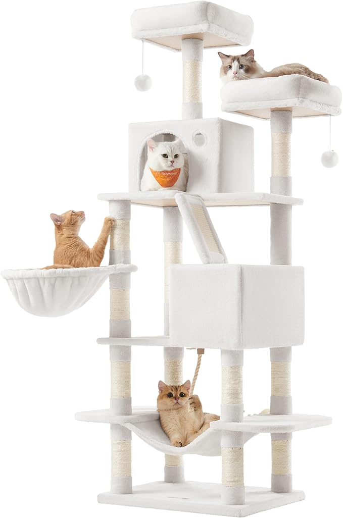 Feandrea Cat Tree, 66.1-Inch Large Cat Tower, Multi-Level Plush Condo with 13 Scratching Posts, 2 Perches, 2 Caves, Basket, Hammock, Pompoms, Cream White UPCT165T01
