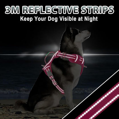 BARKBAY No Pull Dog Harness 3 Buckles Large Reflective Dog Harness with Front Clip and Easy Control Handle for Walking Training Running with ID tag Pocket(Pink,M)
