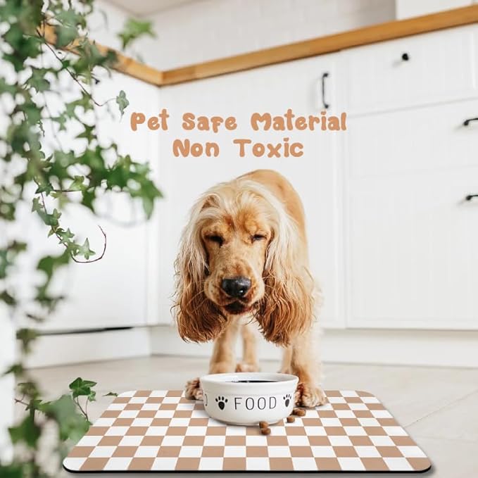 Dog Food Mats for Floors Waterproof, Pet Water Bowl Mats Pet Feeding Absorbent Placemats Plaid 16 * 24 inch