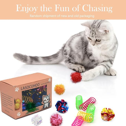LASOCUHOO Cat Toys, 30 Packs Interactive Cat Toy Pack Including Cat Crinkle Balls, Cat Sparkle Balls, Spiral Springs for Kitten （Random Color）