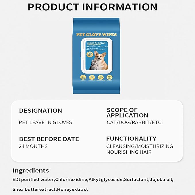 Pet Glove Wipes, Pet Grooming Gloves - for Dog Cat Hair Removal, Bathing & Deshedding, Cleaning Glove for Dog and Cat Paws, Body and Butt, Ear, Eye, Daily Care and Travel,Thickened-20PCS