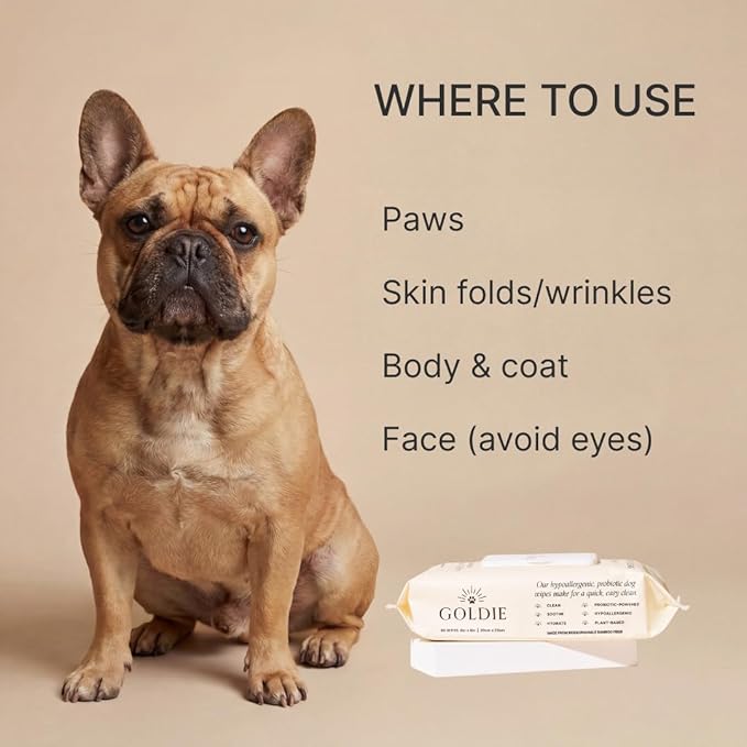 Goldie Dog Essentials Probiotic & Colloidal Oatmeal Dog Wipes for Paws, Skin Folds, Body & Bottom, Hypoallergenic, Fragrance-Free & Unscented, Plant-Based Dog Wipes, 80 Count