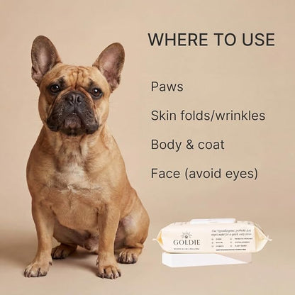 Goldie Dog Essentials Probiotic & Colloidal Oatmeal Dog Wipes for Paws, Skin Folds, Body & Bottom, Hypoallergenic, Fragrance-Free & Unscented, Plant-Based Dog Wipes, 80 Count