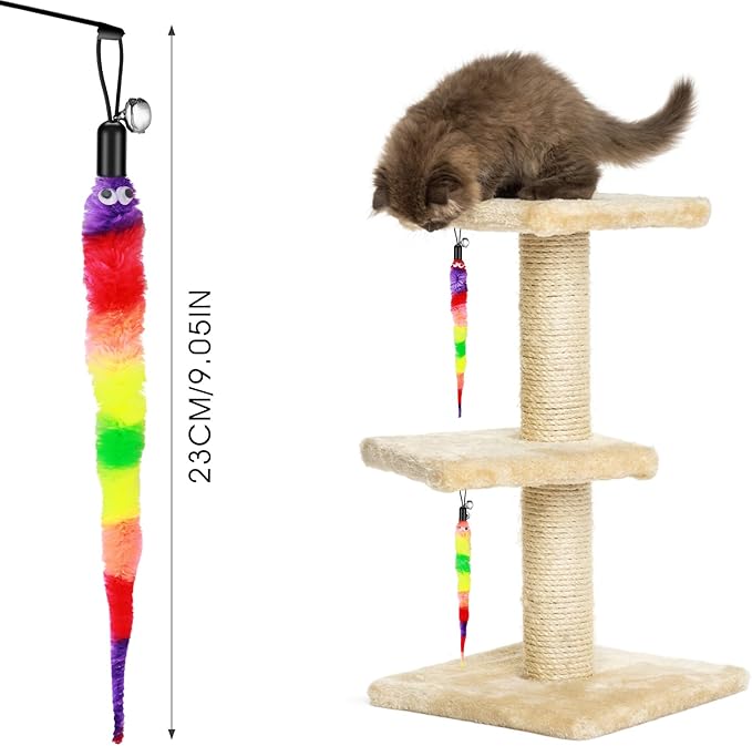 Cat Toys, 12pcs Rainbow Cat Worm Toys Cat Wand Toy Replacement Refills Cat Feather Toys Interactive Fluffy Worms Toys with Bells for Indoor Cats Kitten Training Accessories