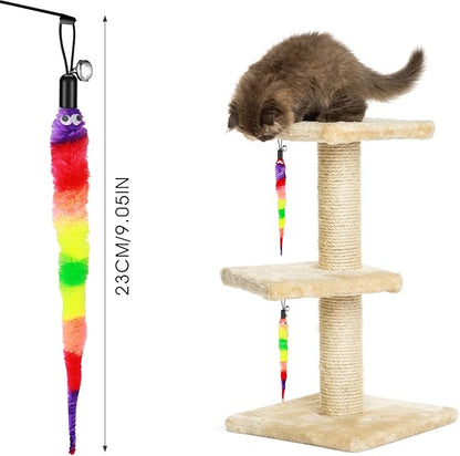 Cat Toys, 12pcs Rainbow Cat Worm Toys Cat Wand Toy Replacement Refills Cat Feather Toys Interactive Fluffy Worms Toys with Bells for Indoor Cats Kitten Training Accessories