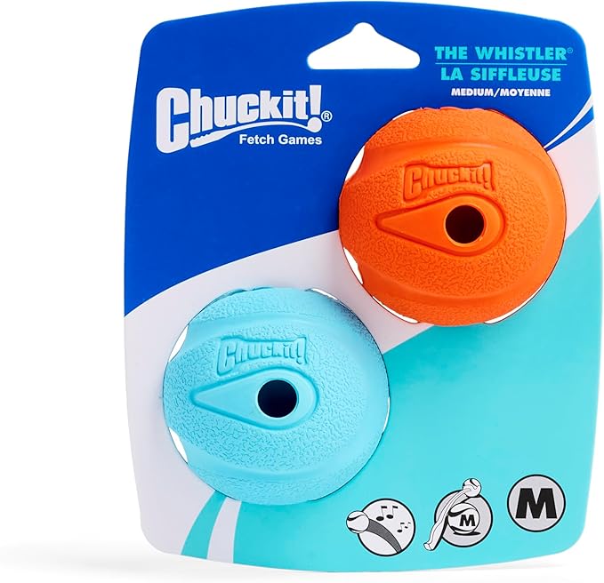 Chuckit! The Whistler Ball Dog Toy, Medium (2.5 Inch Diameter) for Dogs 20-60 lbs, Pack of 2, Multicolor