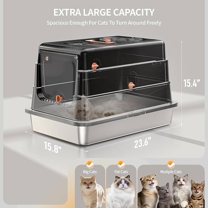 Stainless Steel Cat Litter Box with Lid, Extra Large Enclosed Metal Litter Pan with High Sides, Full Flip Cover Litter Box for Large Cat, Include Scoop & Step, Leak Proof Easy Clean Odor Control-Black